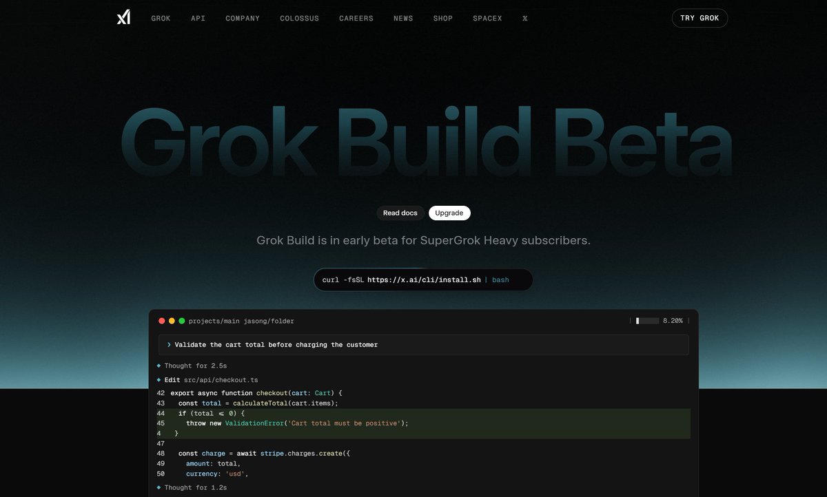 xAI luncurkan Grok Build, agen coding CLI pesaing Claude Code.