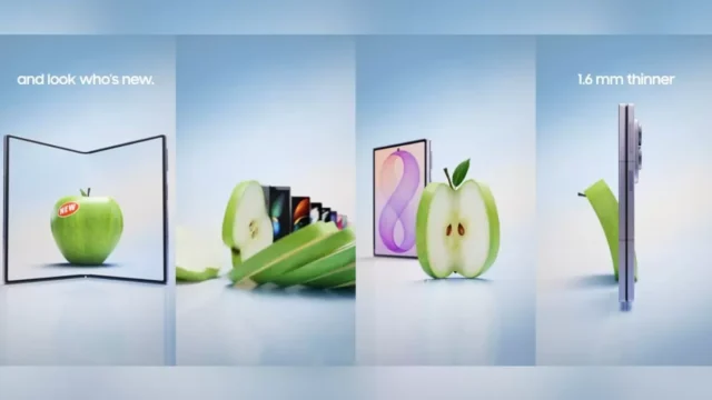 Iklan Galaxy Z Fold 8 menampilkan apel gagal melipat dan membandingkan bobot dengan iPhone Duo. Apple: masalah layar dalam hanya pada sejumlah kecil unit.